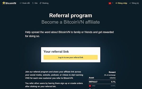 Giao diện tiếp thị liên kết của BitcoinVN