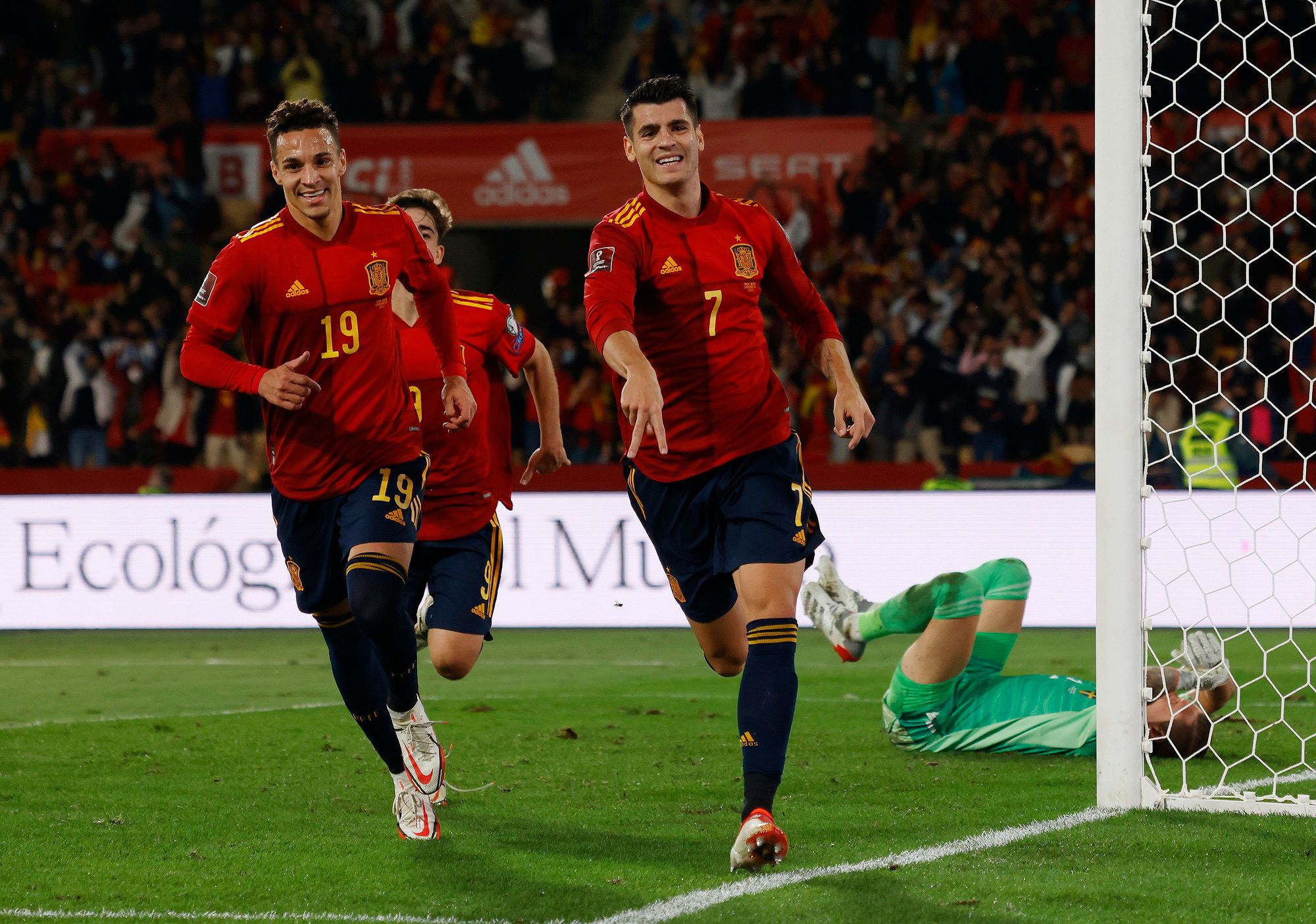 Alvaro Morata, Spanish forward, celebrating a goal.